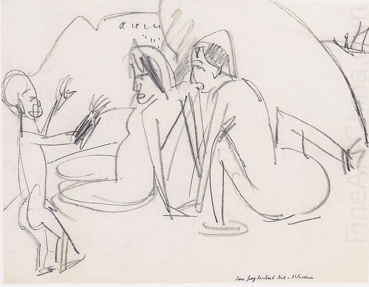 Zwei Frauen und Skulptur am Strand, Ernst Ludwig Kirchner